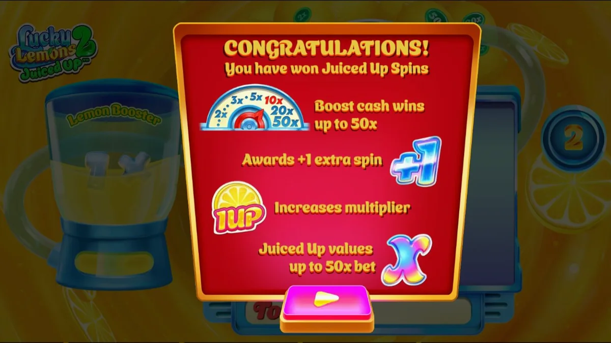 Tampilan visual slot Lucky Lemons 2 Juiced Up dengan tema buah-buahan pop-art