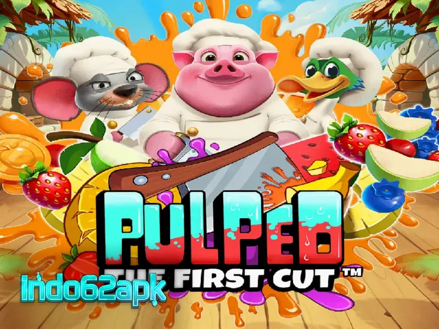 Tampilan visual slot Pulped: The First Cut dengan tema koki hewan tropis